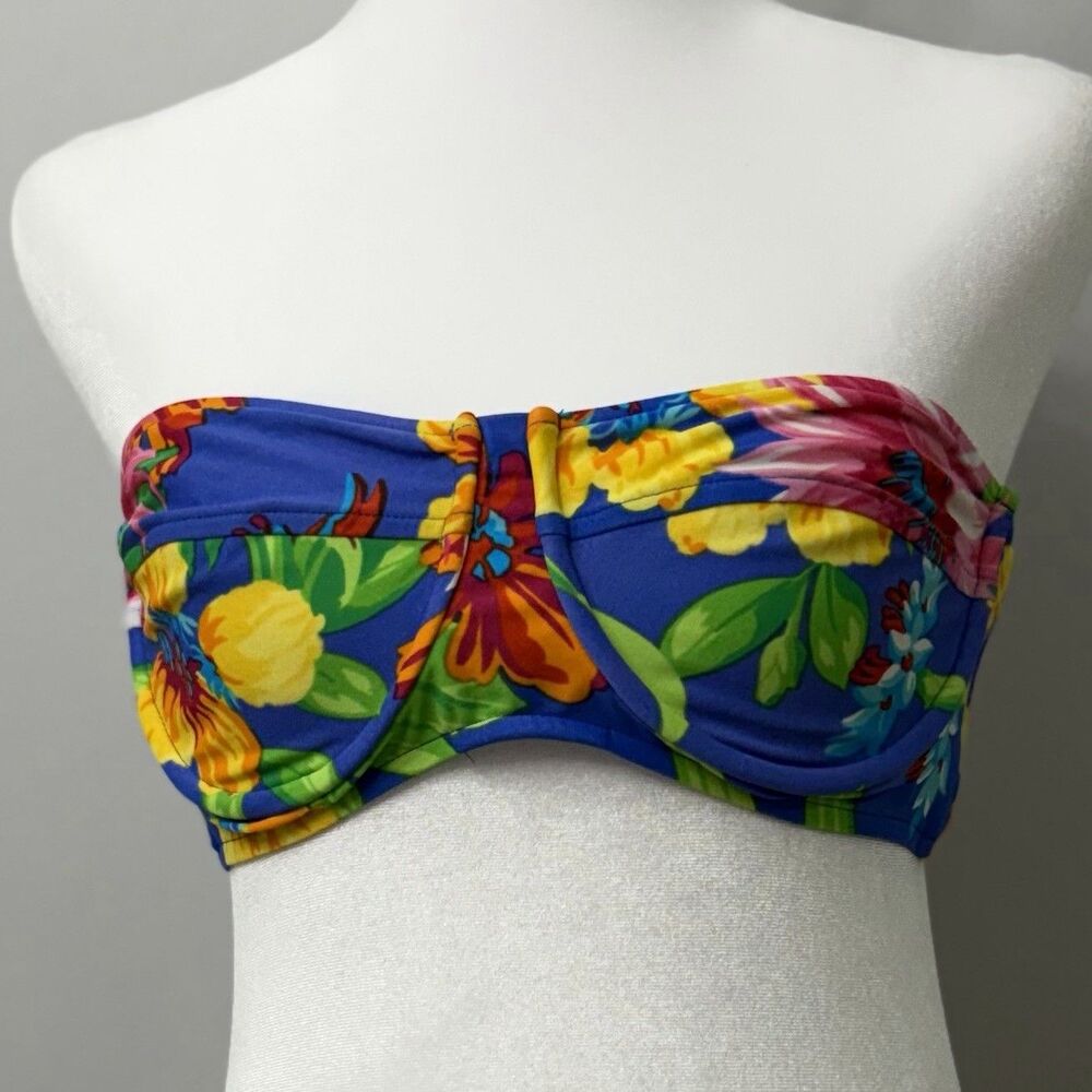 RALPH LAUREN Underwire Bandeau Bikini Top Blue Floral Tropical Tie Back Large L